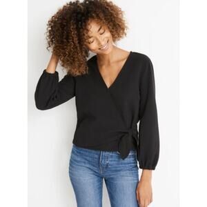 Madewell Texture & Thread Small Crepe Wrap Top Blouse Black Tie Side Long Sleeve